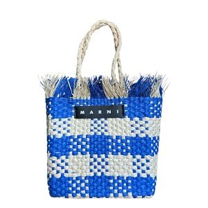 Marni Market Checkered Blue and White Iraca Straw Wicker Tote Bag